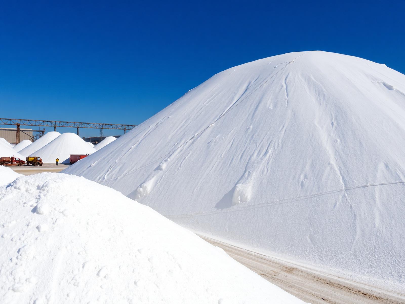Mountain of white salt in storage yard