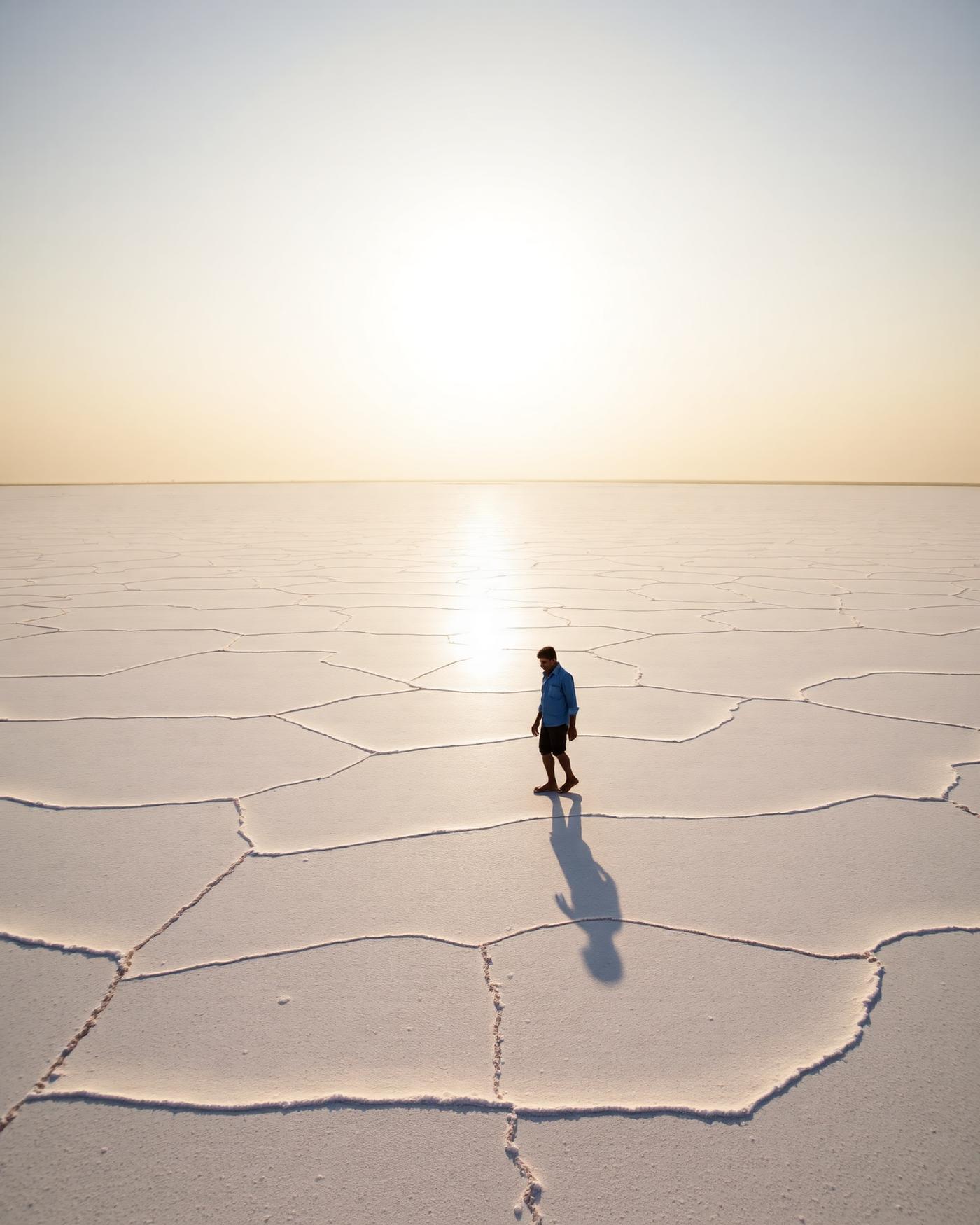 Worker walking across vast salt pans at sunrise