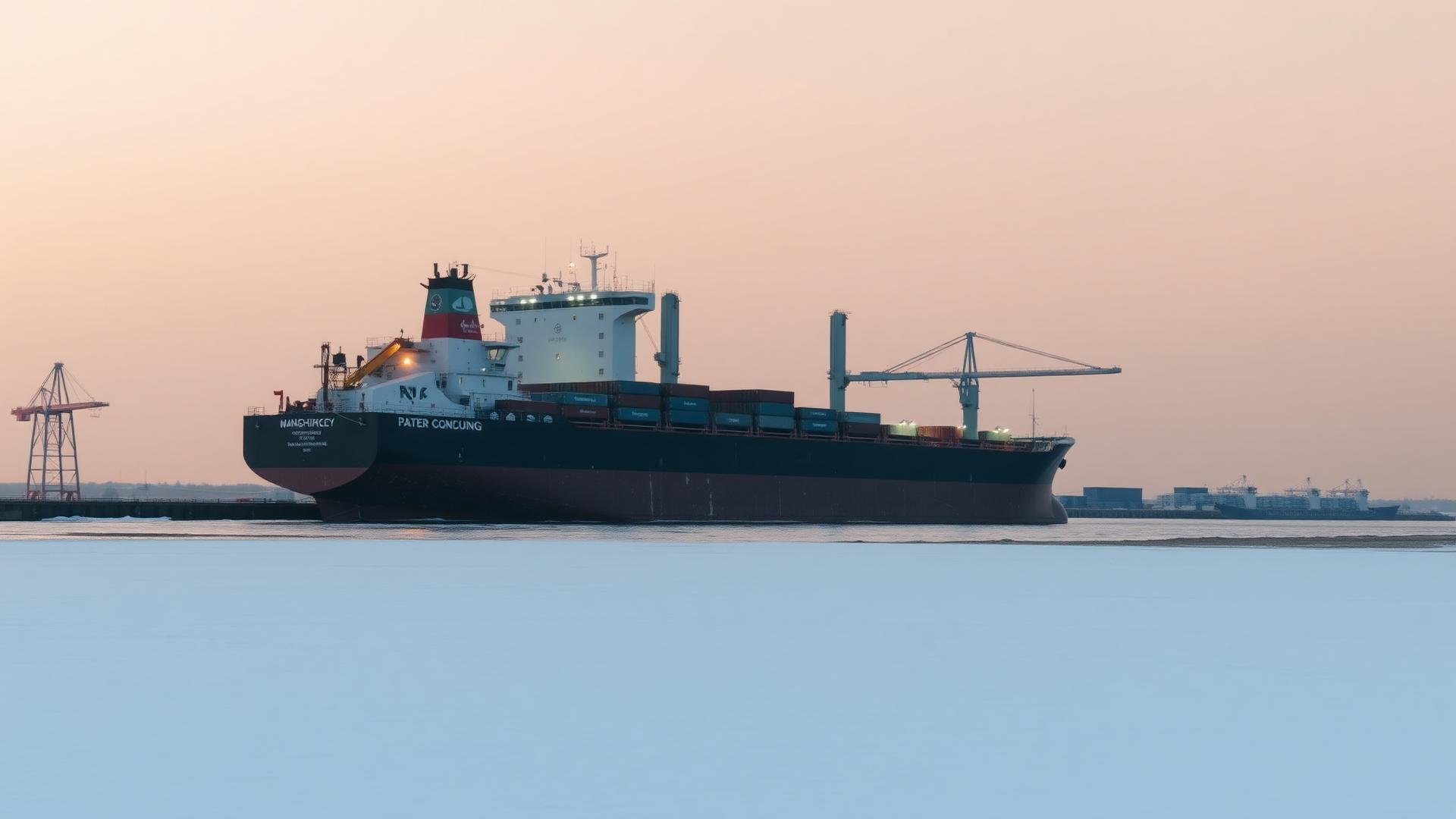 Cargo vessel loading at dawn